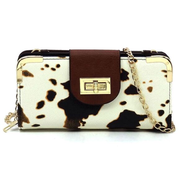 Unbranded Handbags - Women's Cow Print Turn Lock Crossbody Wallet Handbag With Detachable Chain Strap